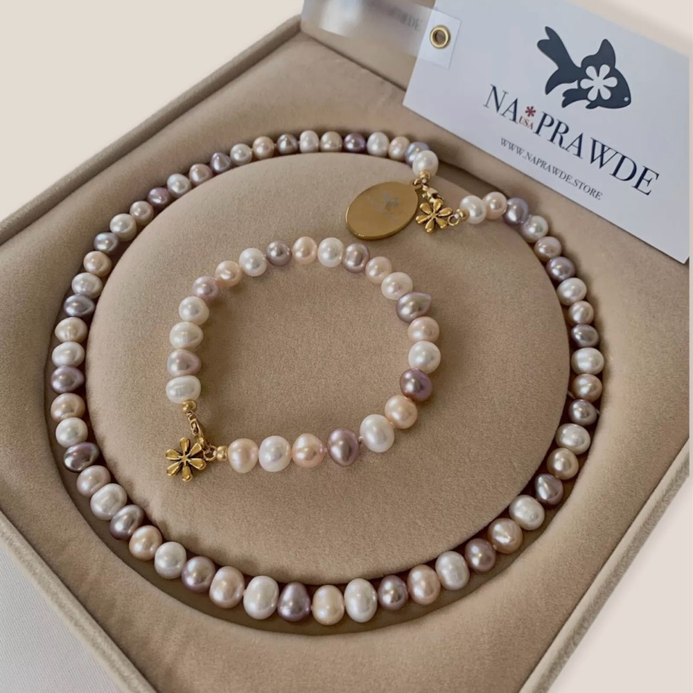NA*PRAWDE genuine pearl necklace set Potato Shape 8mm AAA Grade-new With Tag - Picture 6 of 9